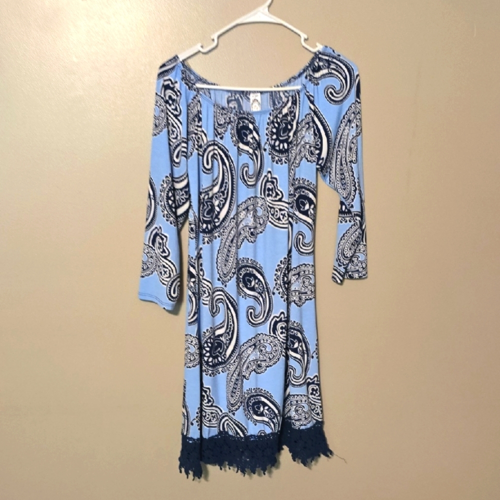 Francescas Blue Paisley Mini Dress‎ with Lace Hem Womens Size Large